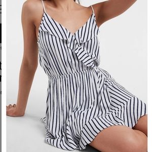 Express white navy stripe ruffle wrap elastic waist spaghetti strap dress